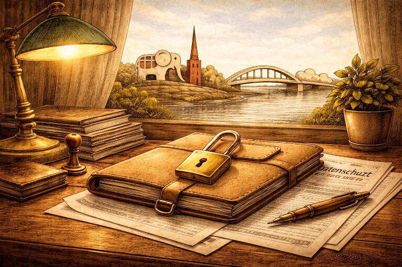 Schreibtisch mit Dokumenten und Stift vor einem ruhigen Stadtblick – symbolische Darstellung von Datenschutz und Verantwortung