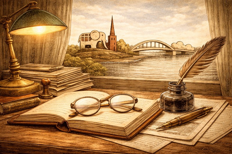 Schreibtisch mit geöffnetem Buch, Feder und Brille vor einem Fensterblick auf die Silhouette der Stadt Hamm mit Elefant, Kirchturm und Brücke