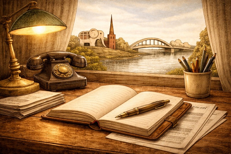 Schreibtisch mit Notizbuch und Stift vor ruhigem Stadtblick – symbolische Darstellung von Kontakt und Kommunikation