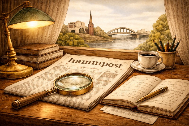 Schreibtisch mit Zeitung und Lupe – symbolische Darstellung der Suche